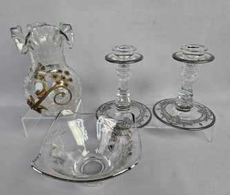 A Pair Candle Holders Crackle Glass Vase and a Silver Overlay Glass Bowl