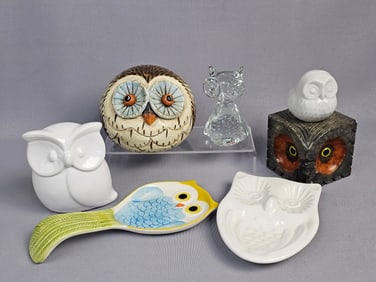 A Collection of Seven Owl-Themed Decorative Objects