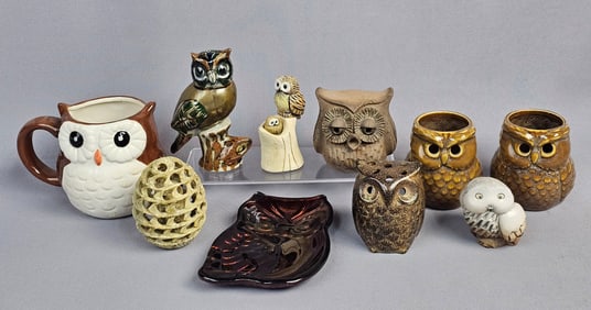 A Collection of Ten Owl-Themed Decorative and Functional Items