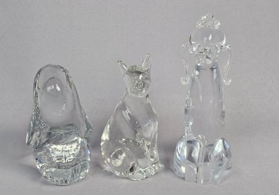 Three Clear Art Glass Figurines Paperweights