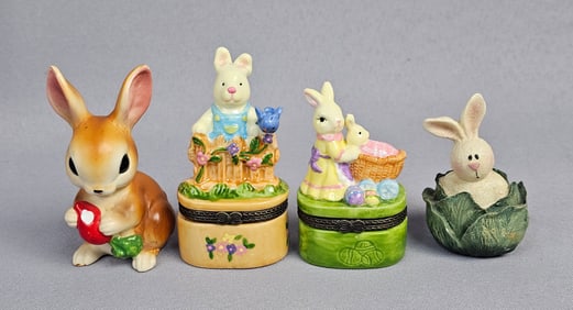 A Group of Four Decorative Rabbit Items, including Two Porcelain Hinged Trinket Boxes and a Josef
