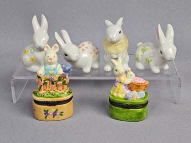 A Group of Six Glazed Ceramic Easter Bunny Trinket Boxes and Figurines
