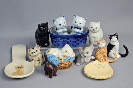 A Collection of Cat Themed Decorative Pieces Including Delftware Shaker Set