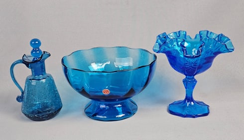 A Group of Three Blue Glass Decorative Articles, including a Fenton 'Cabbage Rose' Compote