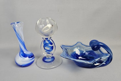 Three Pieces of Contemporary Blown Blue Swirl Art Glass Pieces