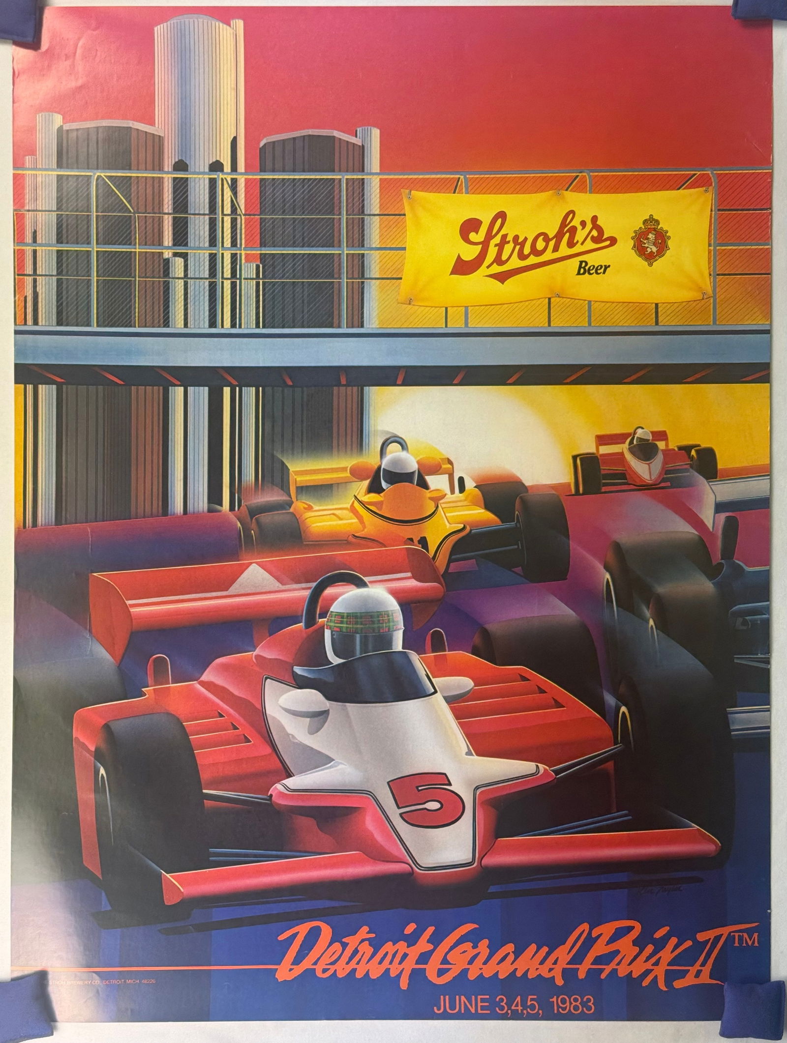 1983 Detroit Grand Prix II Stroh's Beer Poster by Kim Taylor: A 1983 graphic poster for the Detroit Grand Prix II, sponsored by Stroh's Beer. Printed on paper, the poster features a stylized and dynamic illustration by Kim Taylor, depicting several open-wheel ra