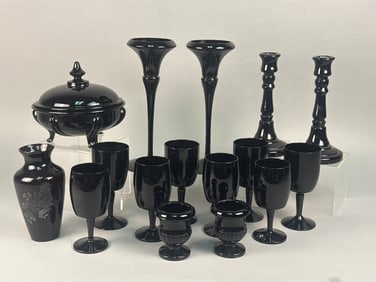 A Collection of Black Glass Tableware and Decorative Items