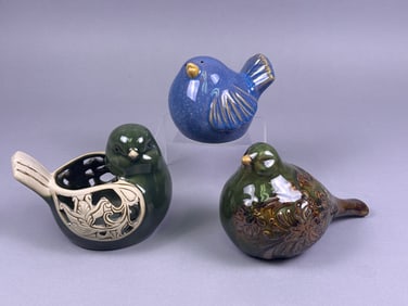 Three Glazed Ceramic Bird Figures, Mid-20th Century or Later, comprising two green and brown floral