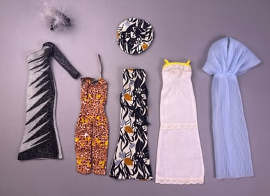 A Collection of Six Mego Cher Doll Garments and One Accessory by Bob Mackie, including 'Good Earth'