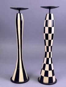 A Pair of MacKenzie-Childs Style Courtly Check and Striped Pillar Candlesticks