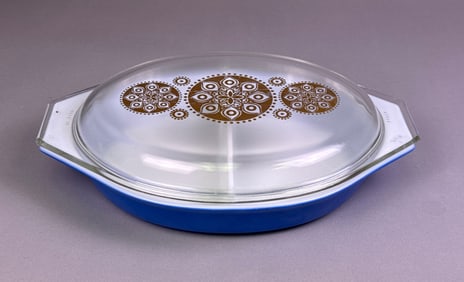 Pyrex Royal Blue Oval Divided Casserole Dish with Gold Medallion Lid, 1961 Promo