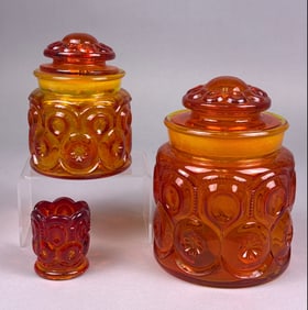 Three LE Smith Moon and Stars Amberina Glass Canisters and Open Vessel