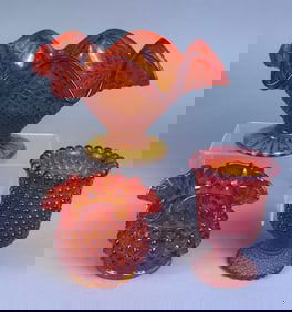 A Collection of Three Amberina Glass Pieces: A Diamond Point Ruffled Compote and Two Hobnail Vases,