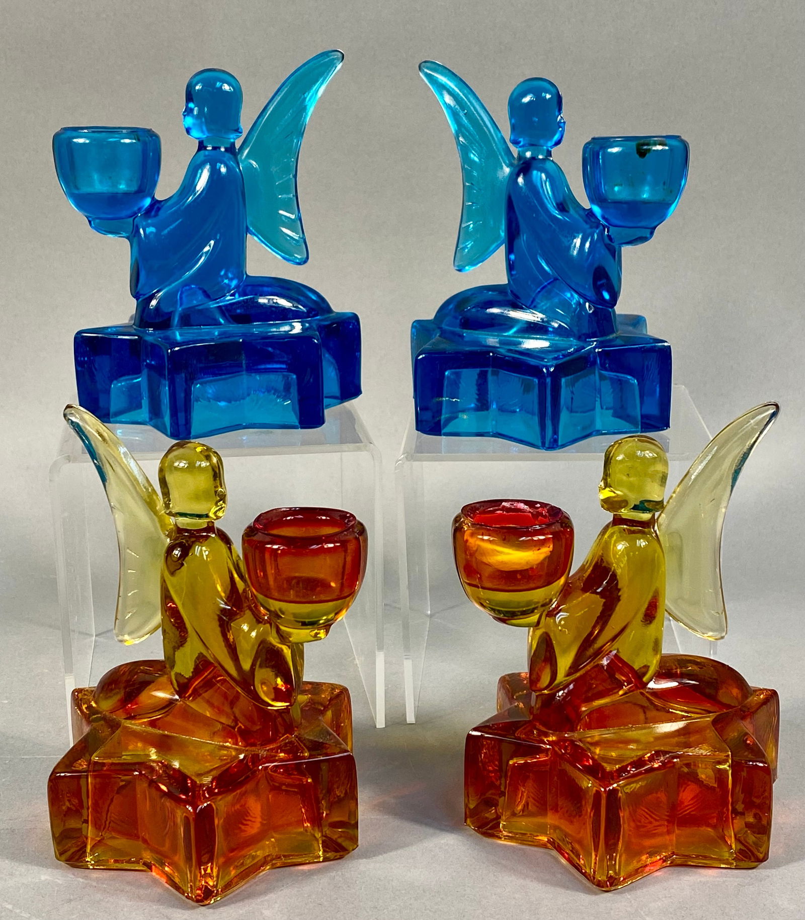 Four L.E. Smith Pressed Glass Angel Candle Holders, Two Pairs (1 of 4)