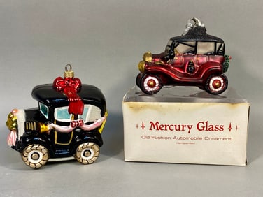 Dept. 56 Mercury Glass Old Fashion Automobile Ornament and Radko 'Just Married' Ornament