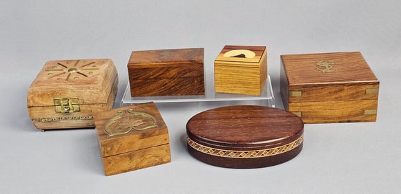 A Collection of Six Decorative Wooden Boxes with Metal Inlays