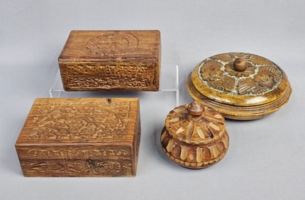 A Group of Vintage Hand Carved Wooden Trinket and Storage Boxes
