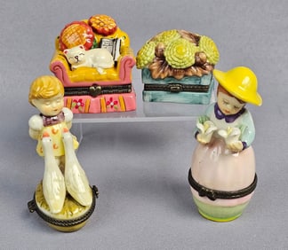 A Group of Four Decorative Hinged Trinket Boxes Including a Porcelain White Cat on Yellow Armchair