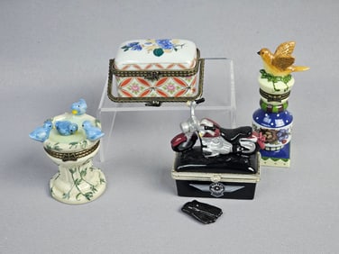 A Group of Four Decorative Hinged Trinket Boxes, including Harley-Davidson and Tracy Porter