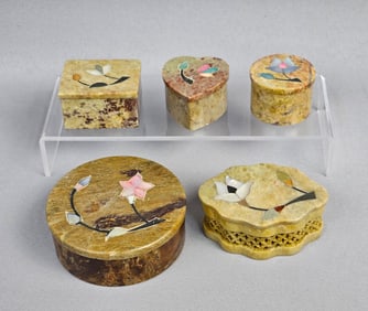 A Collection of Five Soapstone Inlaid Floral Trinket Boxes and One Candle Holder, Made in India
