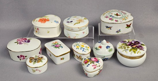 A Collection of Ten Floral Decorated Porcelain and Bone China Trinket Boxes