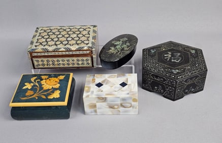 A Collection of Five Assorted Inlaid Decorative Boxes