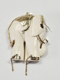 14K Gold Carved White Elephant Pendant Ruby Eye