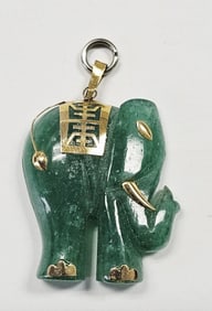 14K Gold Jadeite Green Jade Elephant Pendant