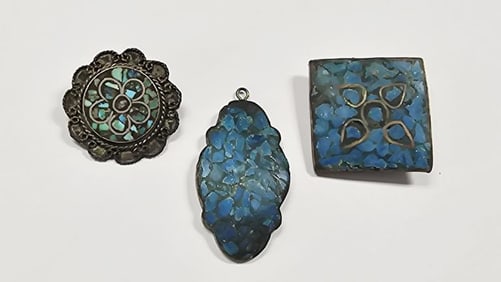 Vintage Turquoise Chip Inlay Brooches & Pendant