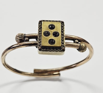 Victorian Early Pat 1879 Hinged Cuff Bracelet: RhinestonesBracelet weighs 13.3 GramsAdjustable bangle bracelet May be gold plated not markedPatent Dec 16th 1879.Condition Commensurate with age