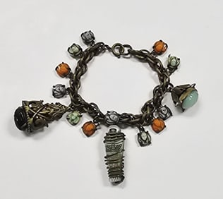 Egyptian Revival Brass Scarab Mummy Charm Bracelet