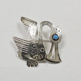 Sterling Silver Turquoise Eye Pelican Brooch 2.8 G