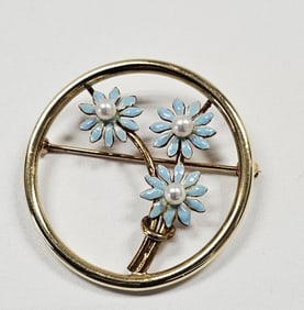 14K Yellow Gold Enamel & Pearl Floral Brooch 4.6 G