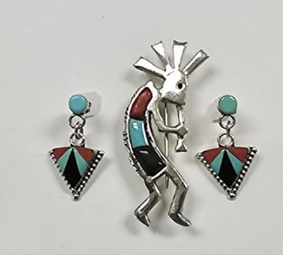 Native American Kokopelli Brooch & Earrings 11.2 G