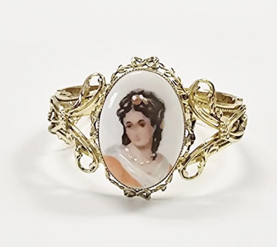 Vintage Limoges Porcelain Portrait Bracelet: Gold Tone MetalSafety Chain