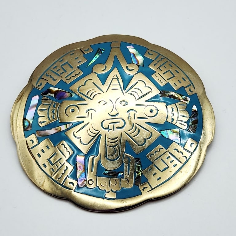 Sterling Turquoise Pin Pendant 26.7 Grams: Sterling Aztec Sun turquoise & abalone brooch pendant, Mexico.Acid tested sterling.