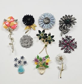 Collection Of Floral Rhinestone Brooches