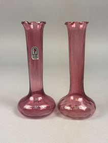 A Pair of Pilgrim Cranberry Glass Ruffled Bud Vase