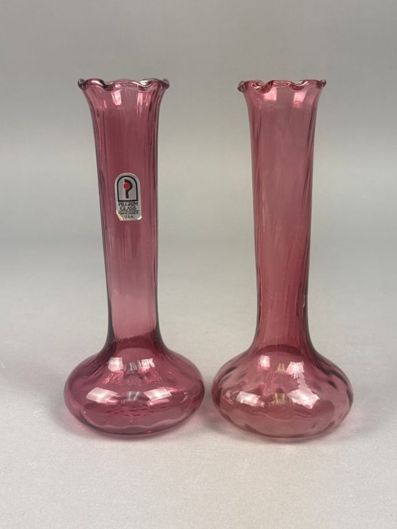 A Pair of Pilgrim Cranberry Glass Ruffled Bud Vase (1 of 4)
