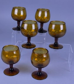 A Set of Six Vintage Mexican Hand Blown Amber Glas