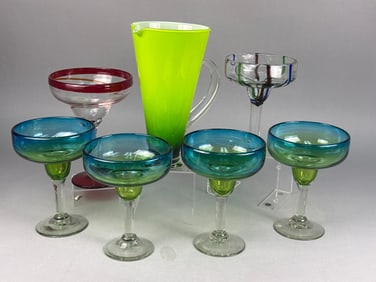 A Set of Seven Hand-Blown Glass Beverage Items, Co