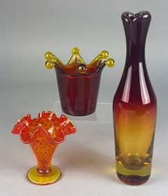 Three Blenko Amberina Glass Vases and Holder