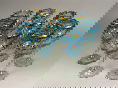 A Set of Eight Hand Blown Mexican Confetti Blue Gl