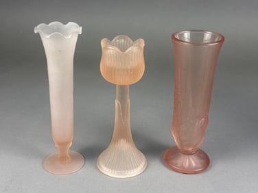 Three Vintage Frosted Pink Glass Vases, Tulip-Shap