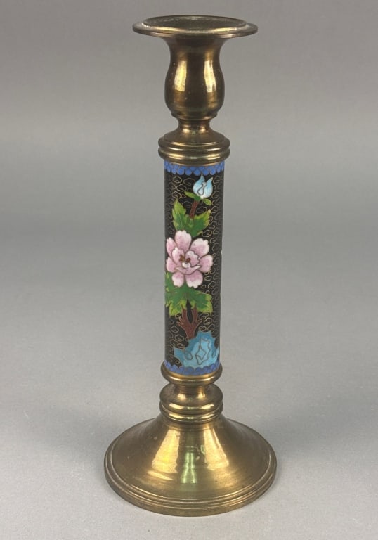 A Vintage Chinese Cloisonn? Enamel and Brass Candl: A vintage Chinese cloisonné enamel and brass candlestick, featuring a central cylindrical shaft adorned with colorful cloisonné enamel. The enamel decoration is set against a black groun