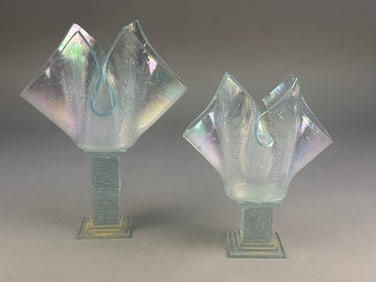 A Pair of Isis Glass Iridescent Handkerchief Candl