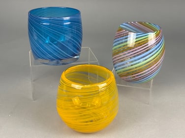 Three Contemporary Blown Art Glass Stemless Swirl