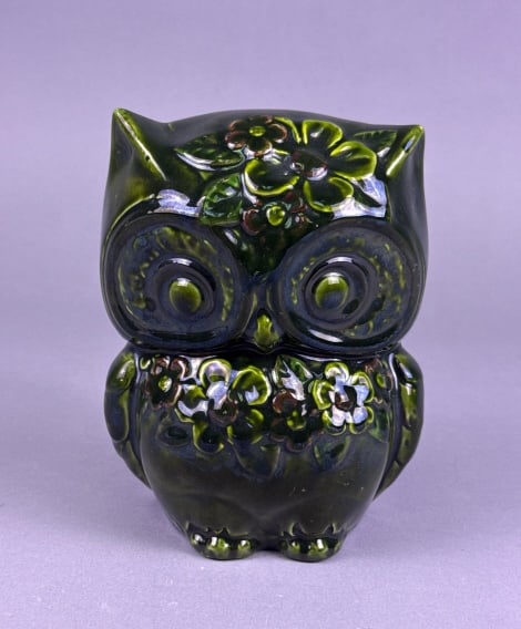 A Mid-Century Style Green Glazed Ceramic Owl Lidde (1 of 5)