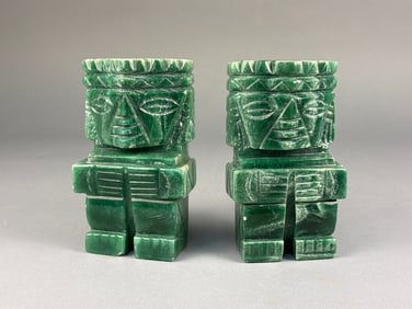A Pair of Hand Carved Green Onyx Mayan Aztec Booke