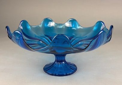 L.E. Smith or Viking Ruffled Blue Art Glass Pedest